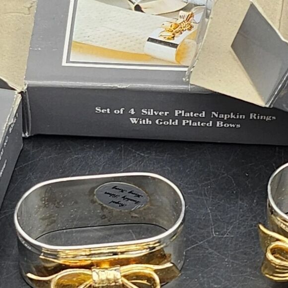 Silver Plated Napkin Ring With Gold Plated Bows Set Of 12 - Picture 9 of 10